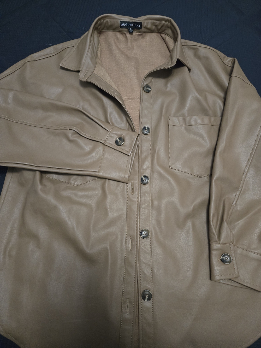 Women's Faux Leather Button-Up Shacket in Taupe Size L